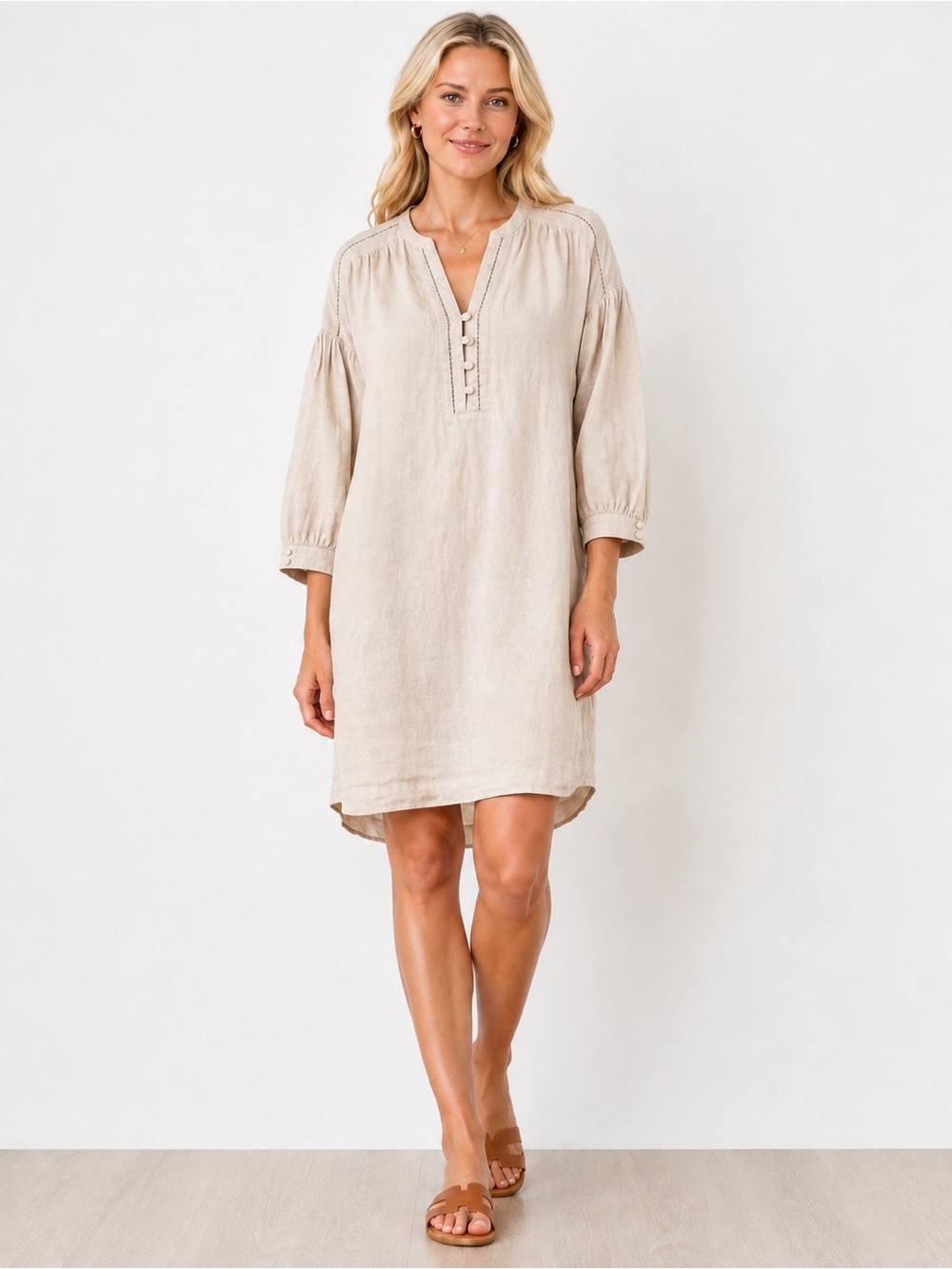 J.McLaughlin 100% Linen Peasant Shift Dress Beige Oatmeal Size Large L